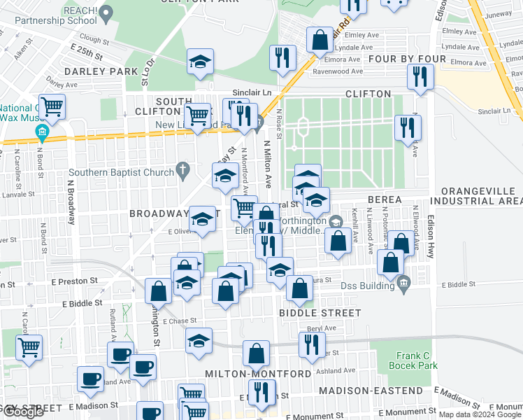 map of restaurants, bars, coffee shops, grocery stores, and more near 2429 Federal Street in Baltimore