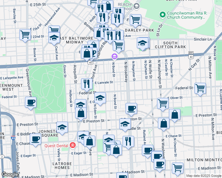 map of restaurants, bars, coffee shops, grocery stores, and more near 1627 North Dallas Street in Baltimore