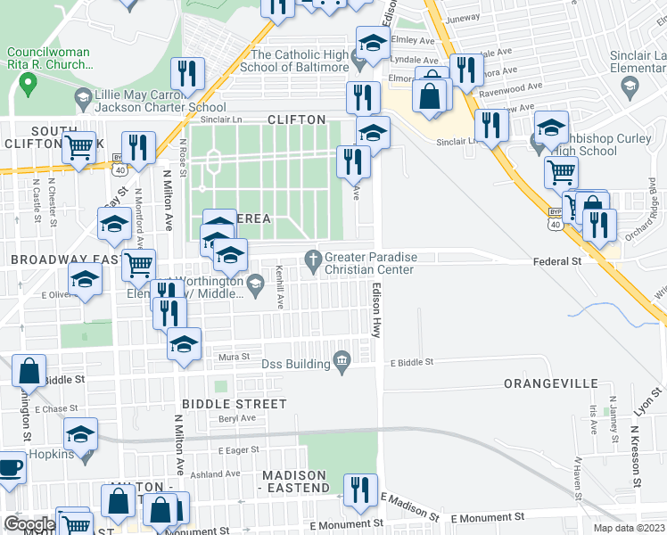 map of restaurants, bars, coffee shops, grocery stores, and more near 1514 North Decker Avenue in Baltimore