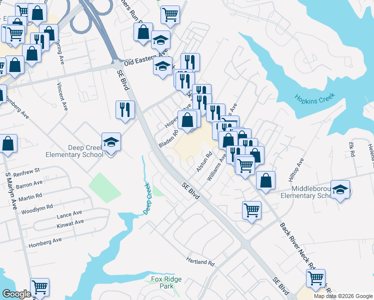 map of restaurants, bars, coffee shops, grocery stores, and more near 1500 Country Ridge Lane in Essex