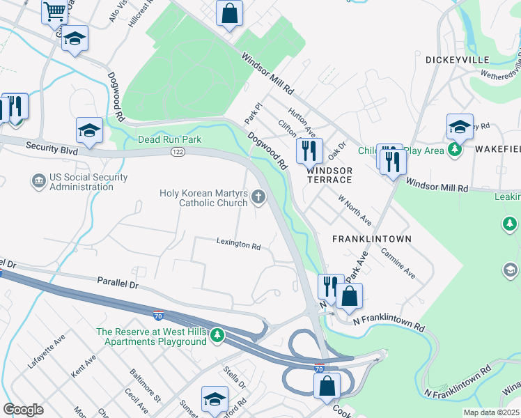 map of restaurants, bars, coffee shops, grocery stores, and more near 5801 Security Boulevard in Woodlawn