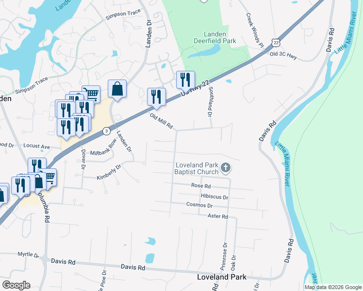 map of restaurants, bars, coffee shops, grocery stores, and more near 8660 Lilly Drive in Loveland