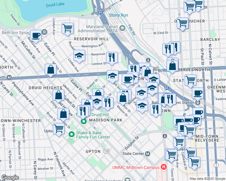 map of restaurants, bars, coffee shops, grocery stores, and more near 1701 Bolton Street in Baltimore