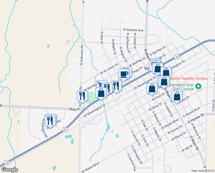 map of restaurants, bars, coffee shops, grocery stores, and more near 401 North Lincoln Street in Vandalia