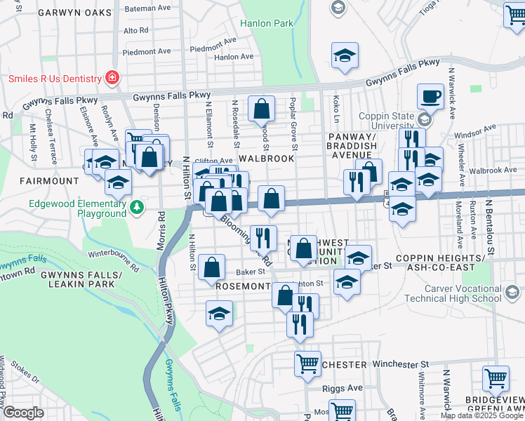 map of restaurants, bars, coffee shops, grocery stores, and more near 3011 West North Avenue in Baltimore