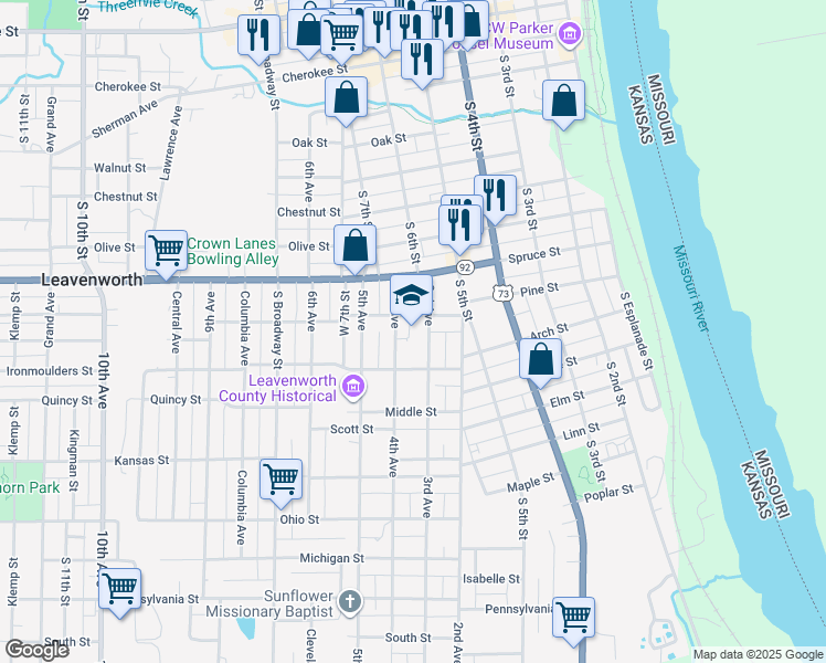 map of restaurants, bars, coffee shops, grocery stores, and more near 1000 3rd Avenue in Leavenworth