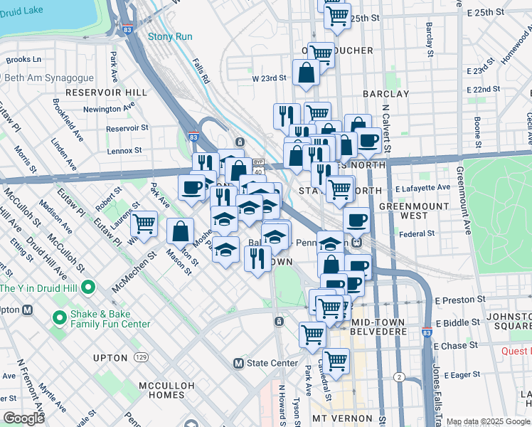 map of restaurants, bars, coffee shops, grocery stores, and more near 1303 West Lafayette Avenue in Baltimore