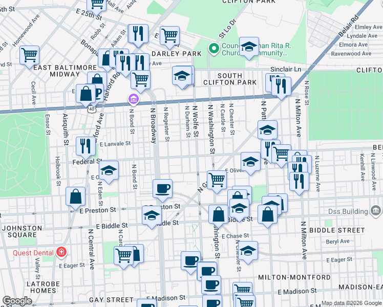 map of restaurants, bars, coffee shops, grocery stores, and more near 1824 East Federal Street in Baltimore