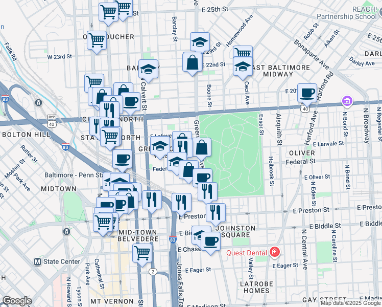 map of restaurants, bars, coffee shops, grocery stores, and more near 425 East Lanvale Street in Baltimore