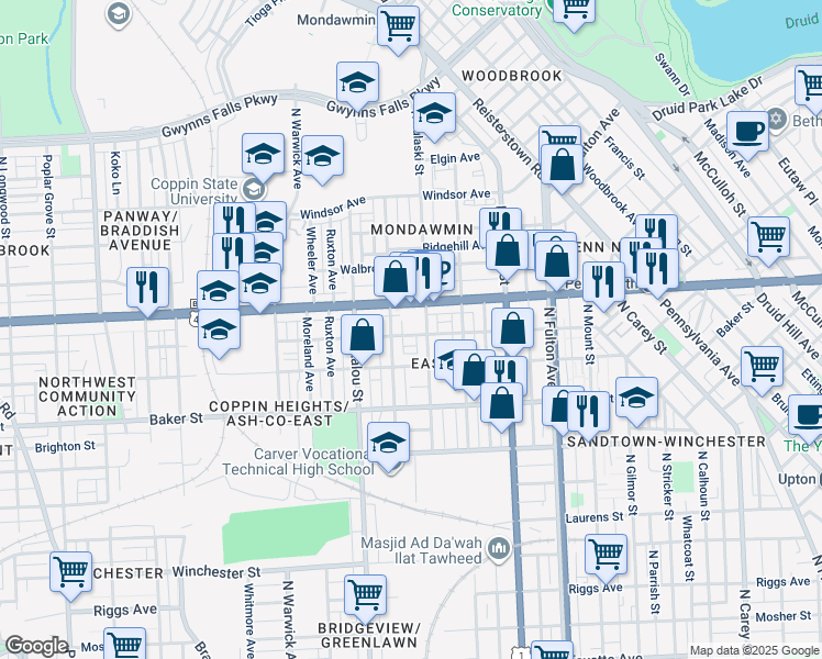 map of restaurants, bars, coffee shops, grocery stores, and more near 2106 Westwood Avenue in Baltimore