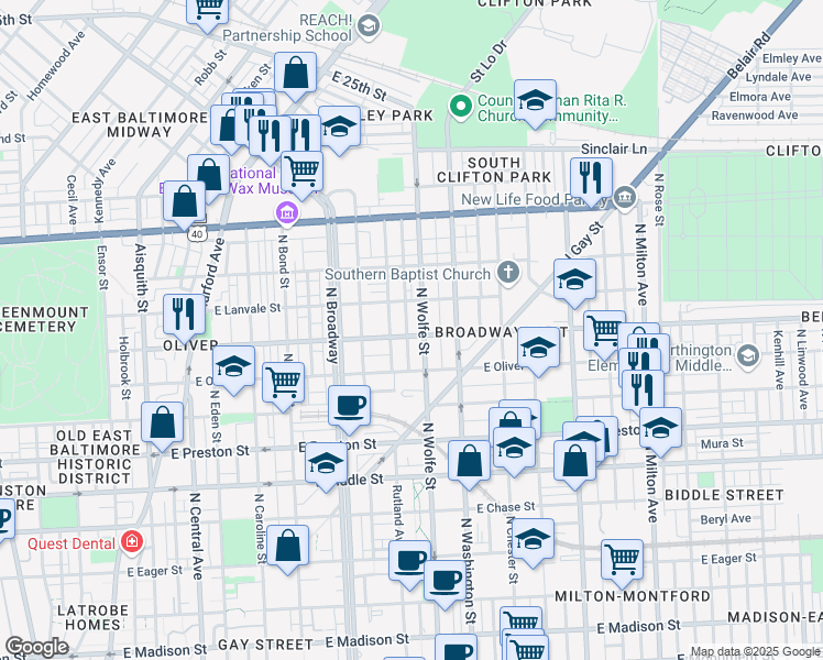 map of restaurants, bars, coffee shops, grocery stores, and more near 1824 East Federal Street in Baltimore
