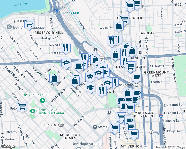map of restaurants, bars, coffee shops, grocery stores, and more near 1424 West Mount Royal Avenue in Baltimore