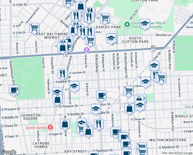 map of restaurants, bars, coffee shops, grocery stores, and more near 1610 North Broadway in Baltimore