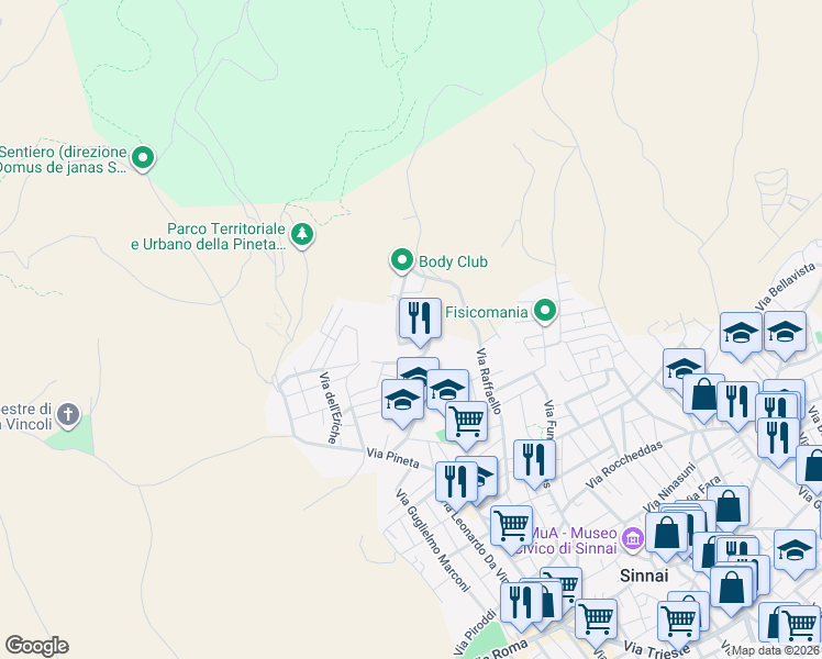 map of restaurants, bars, coffee shops, grocery stores, and more near 9A Via del Rosmarino in Sinnai