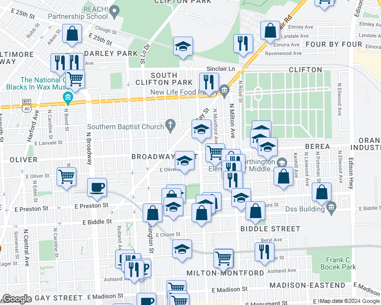 map of restaurants, bars, coffee shops, grocery stores, and more near 2215 Federal Street in Baltimore