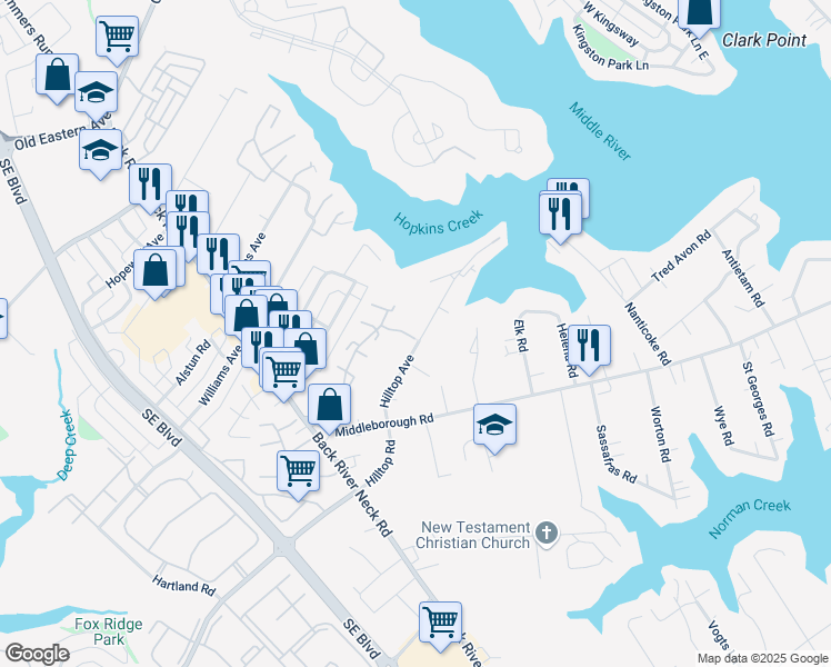 map of restaurants, bars, coffee shops, grocery stores, and more near 1733 Hilltop Avenue in Essex