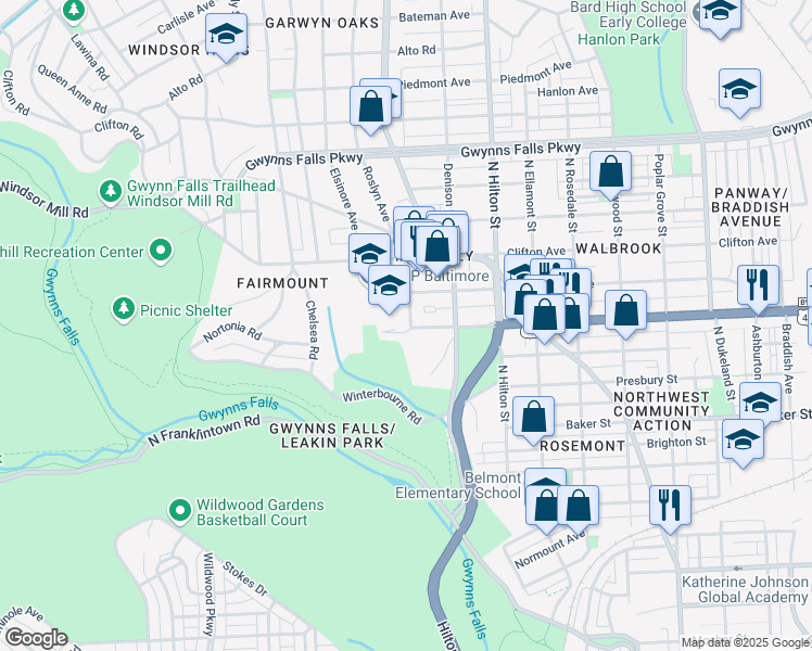 map of restaurants, bars, coffee shops, grocery stores, and more near 1900 Edgewood Street in Baltimore