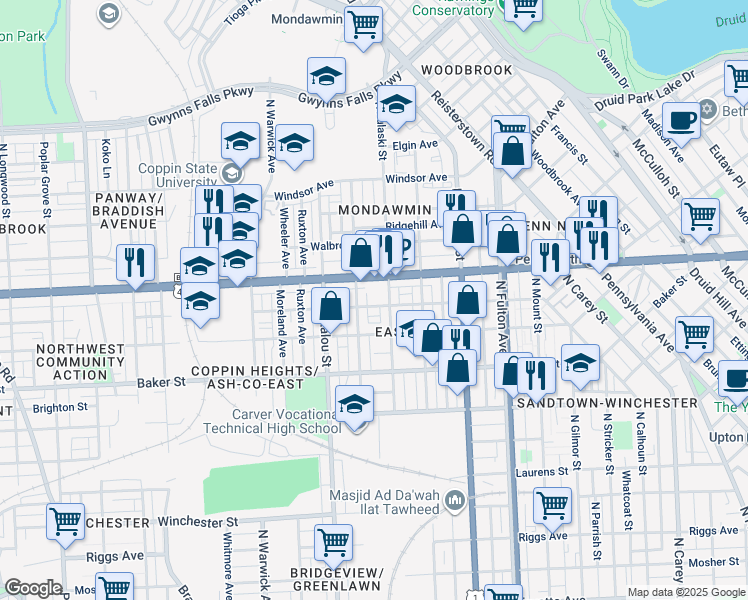 map of restaurants, bars, coffee shops, grocery stores, and more near 2106 Westwood Avenue in Baltimore