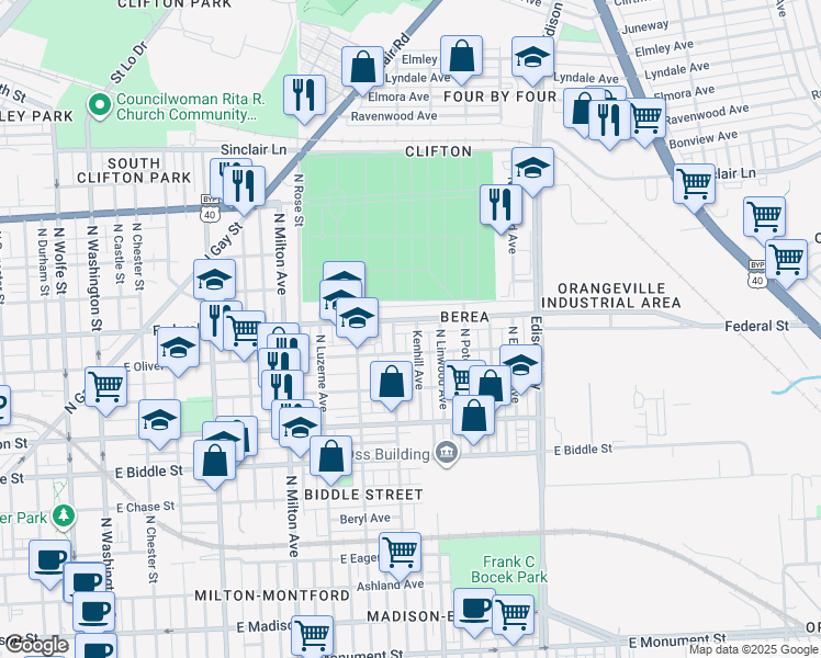 map of restaurants, bars, coffee shops, grocery stores, and more near 2817 Federal Street in Baltimore