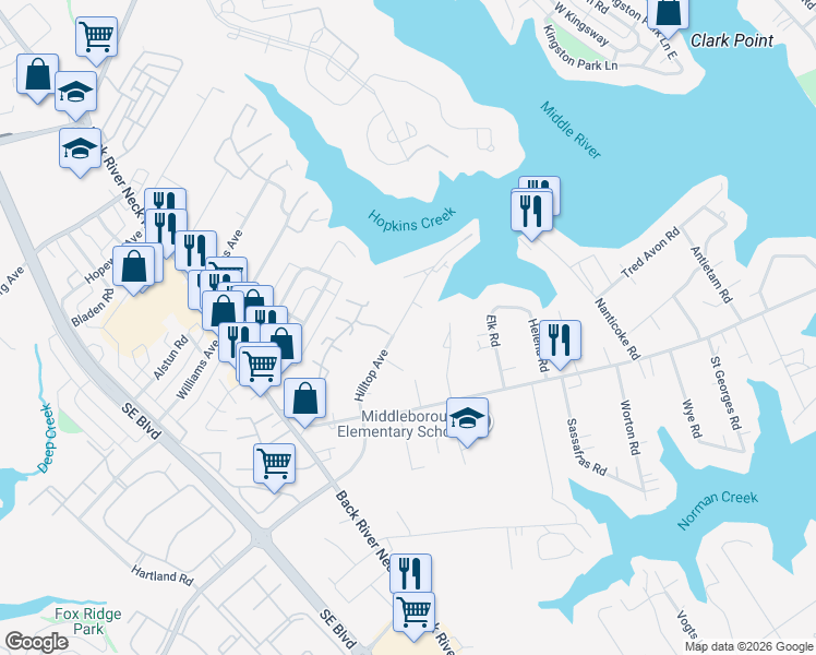 map of restaurants, bars, coffee shops, grocery stores, and more near 1736 Hilltop Avenue in Essex