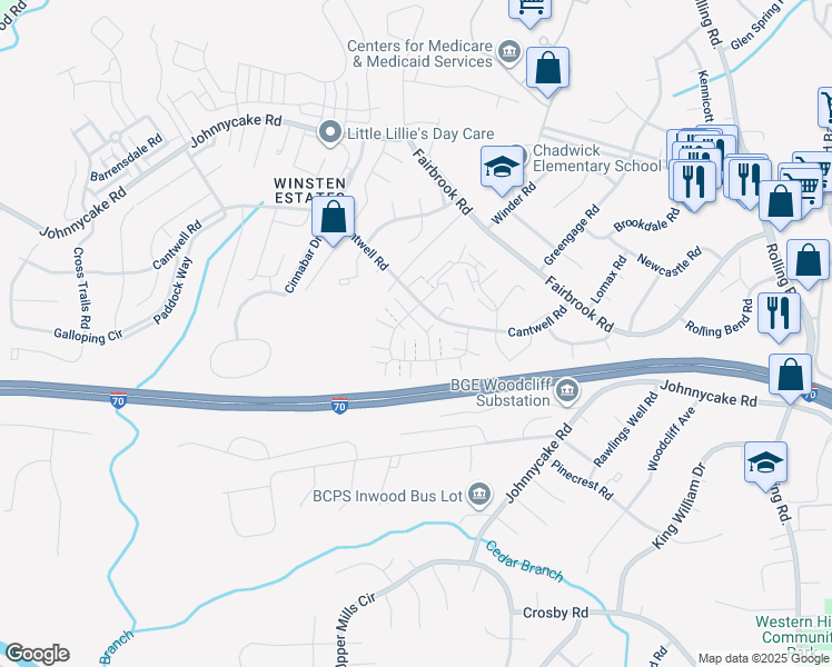 map of restaurants, bars, coffee shops, grocery stores, and more near 15 Chadman Court in Woodlawn