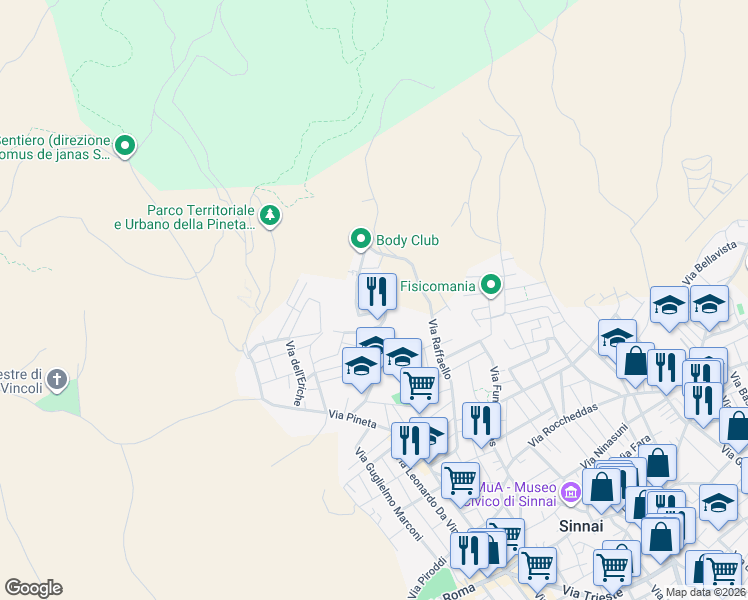 map of restaurants, bars, coffee shops, grocery stores, and more near 9A Via del Rosmarino in Sinnai