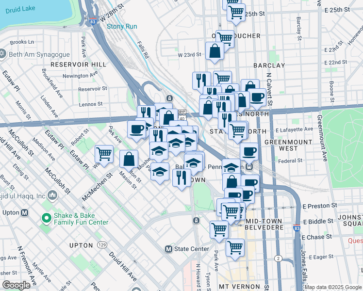 map of restaurants, bars, coffee shops, grocery stores, and more near 1401 West Mount Royal Avenue in Baltimore