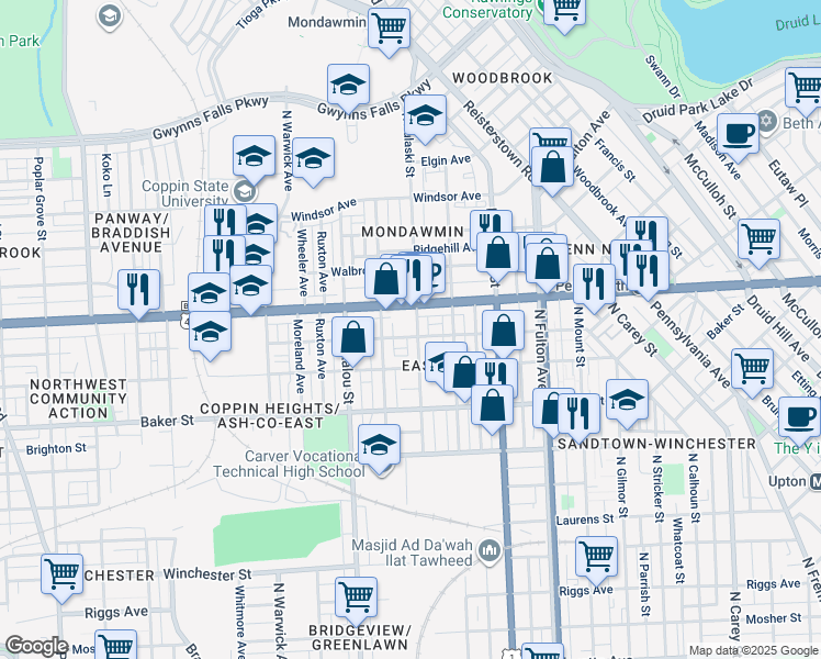 map of restaurants, bars, coffee shops, grocery stores, and more near 1806 North Pulaski Street in Baltimore