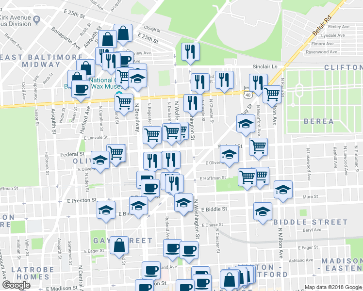 map of restaurants, bars, coffee shops, grocery stores, and more near 1607 North Wolfe Street in Baltimore