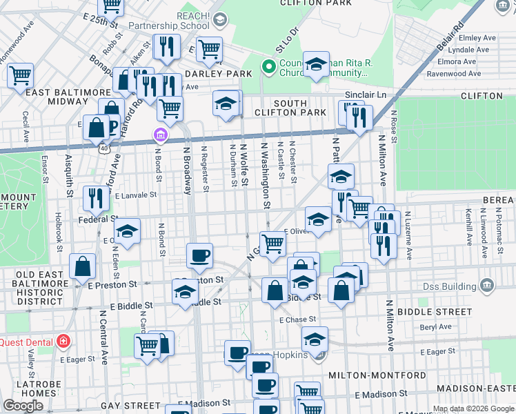 map of restaurants, bars, coffee shops, grocery stores, and more near 101 Independence Avenue Southeast in Washington