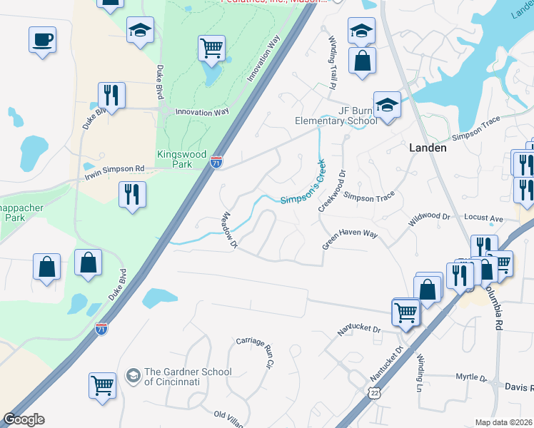 map of restaurants, bars, coffee shops, grocery stores, and more near 3833 Spring Mill Way in Maineville
