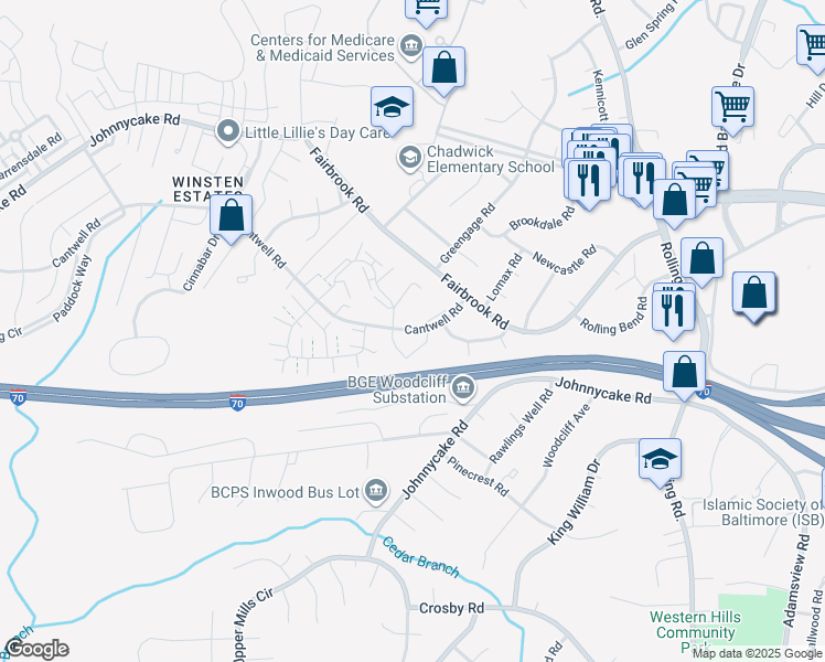map of restaurants, bars, coffee shops, grocery stores, and more near 1606 Cantwell Road in Woodlawn