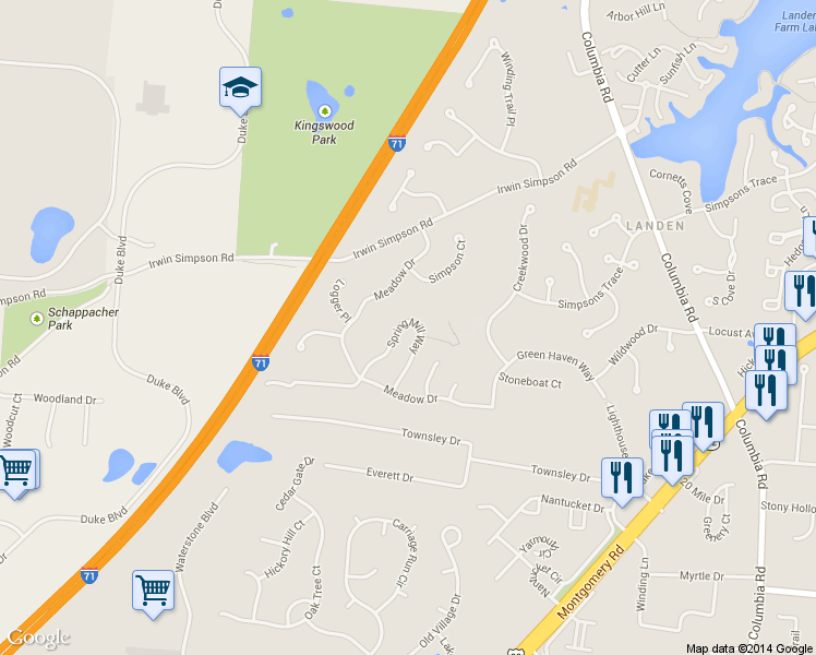map of restaurants, bars, coffee shops, grocery stores, and more near 3833 Spring Mill Way in Maineville