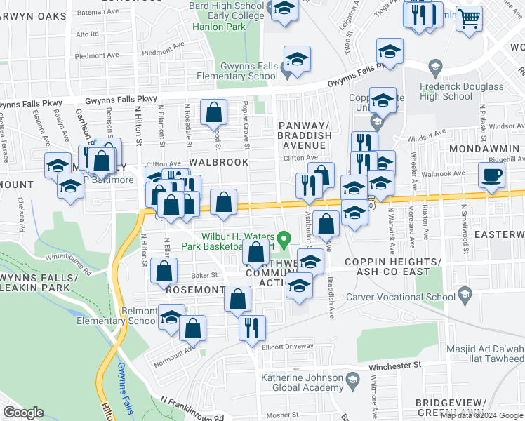 map of restaurants, bars, coffee shops, grocery stores, and more near 2841 West North Avenue in Baltimore