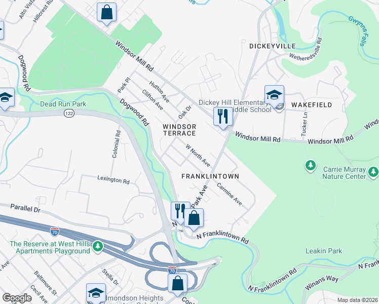 map of restaurants, bars, coffee shops, grocery stores, and more near 5301 West North Avenue in Baltimore