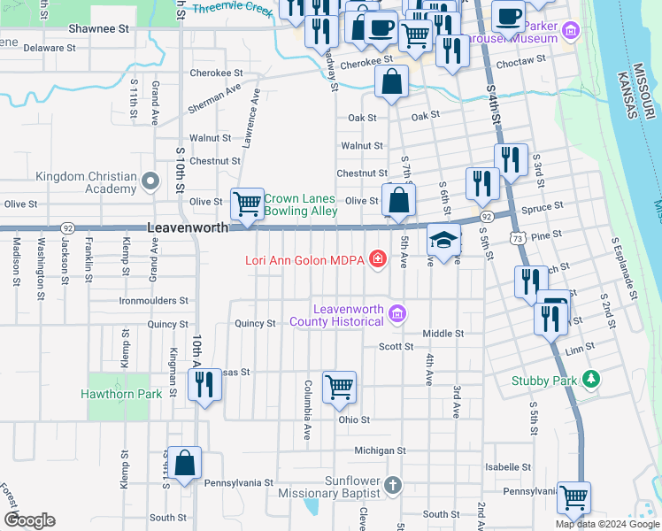 map of restaurants, bars, coffee shops, grocery stores, and more near 1000 South Broadway Street in Leavenworth