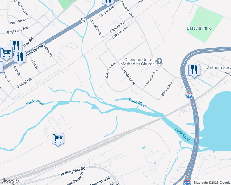 map of restaurants, bars, coffee shops, grocery stores, and more near 7836 Oakdale Avenue in Rosedale
