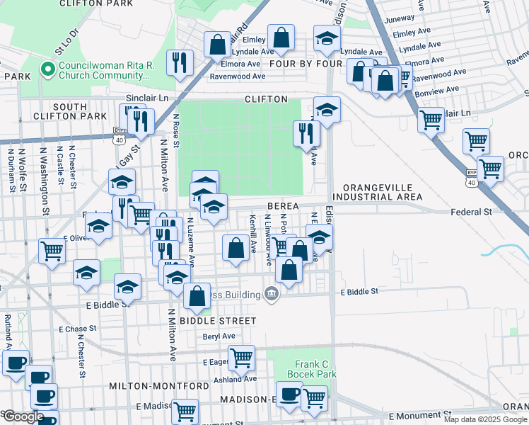 map of restaurants, bars, coffee shops, grocery stores, and more near 2841 Federal Street in Baltimore