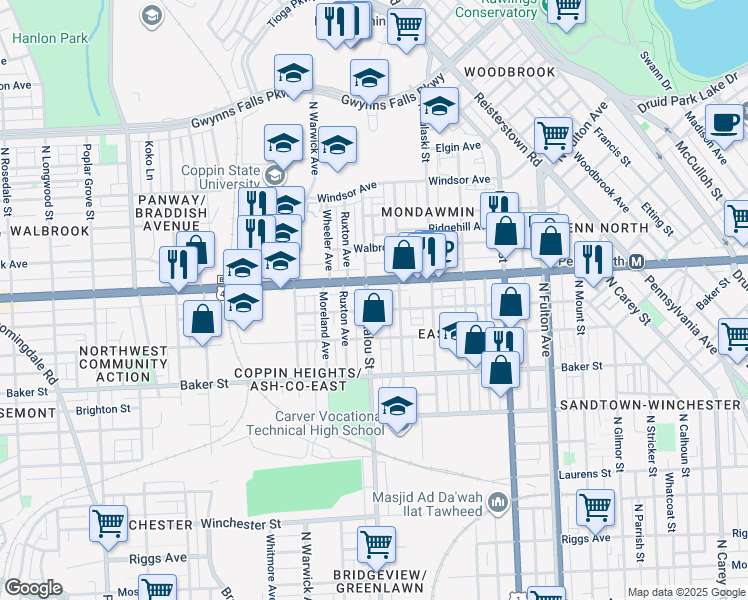 map of restaurants, bars, coffee shops, grocery stores, and more near 1813 North Bentalou Street in Baltimore