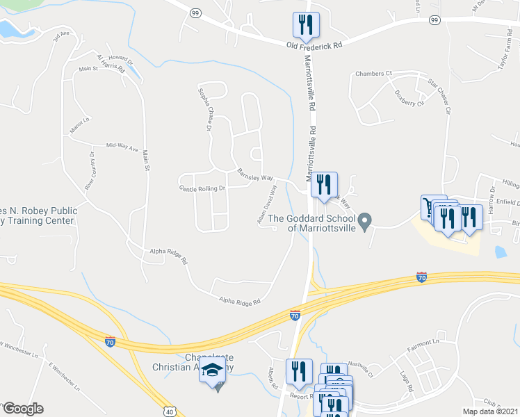map of restaurants, bars, coffee shops, grocery stores, and more near 2336 Adam David Way in Marriottsville