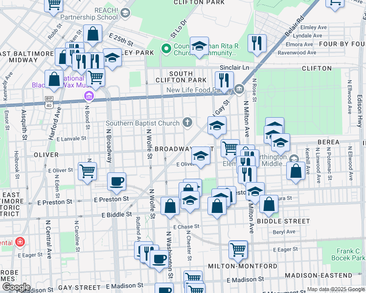 map of restaurants, bars, coffee shops, grocery stores, and more near 1600 North Chester Street in Baltimore