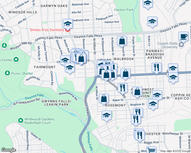 map of restaurants, bars, coffee shops, grocery stores, and more near W North Ave & N Hilton St in Baltimore