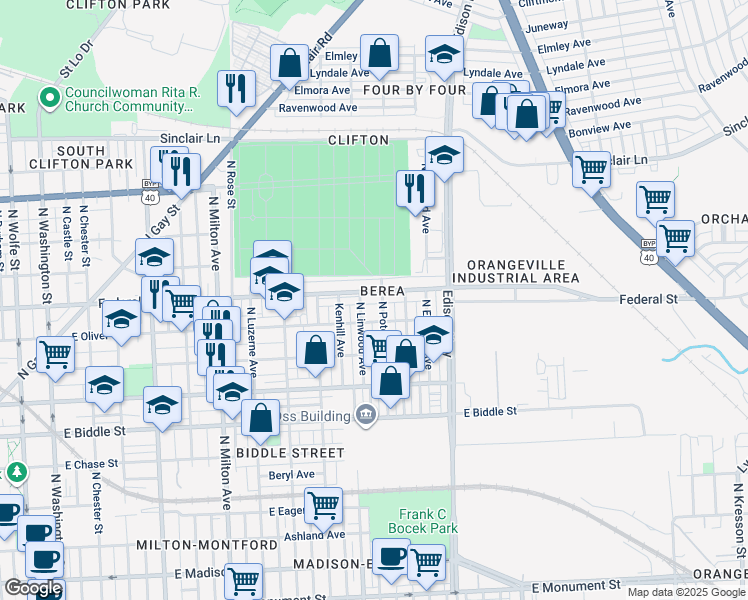 map of restaurants, bars, coffee shops, grocery stores, and more near 2915 East Federal Street in Baltimore