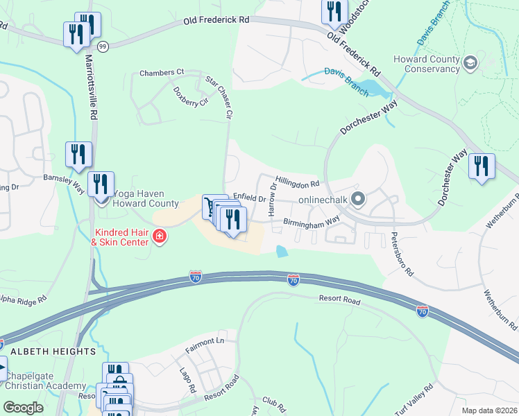 map of restaurants, bars, coffee shops, grocery stores, and more near 10735 Hillingdon Road in Woodstock