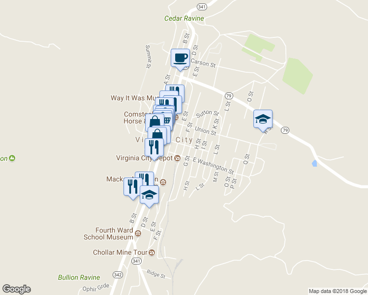 map of restaurants, bars, coffee shops, grocery stores, and more near 109 F Street in Virginia City
