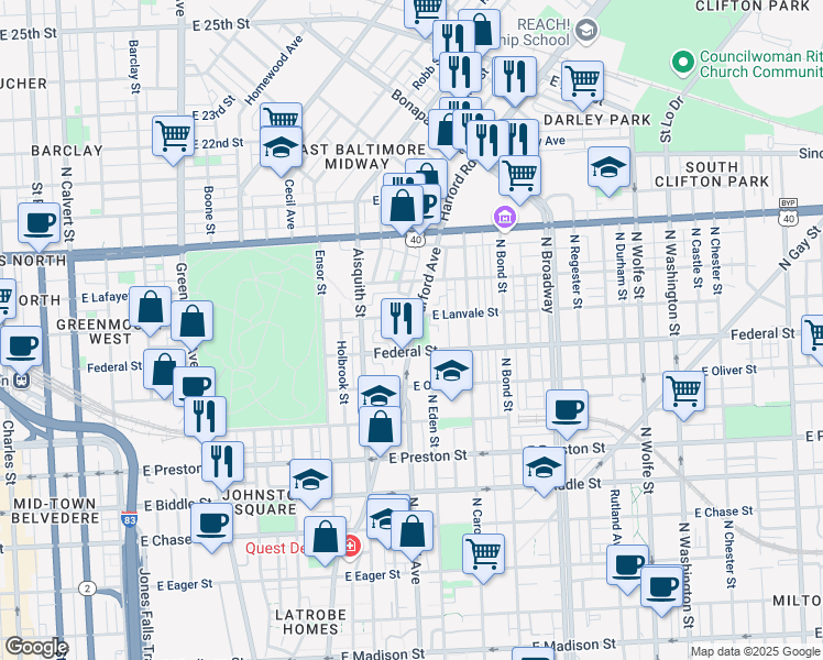 map of restaurants, bars, coffee shops, grocery stores, and more near 1640 Harford Avenue in Baltimore