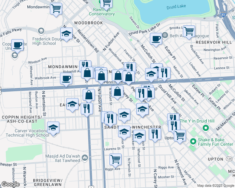 map of restaurants, bars, coffee shops, grocery stores, and more near 1625 Westwood Avenue in Baltimore