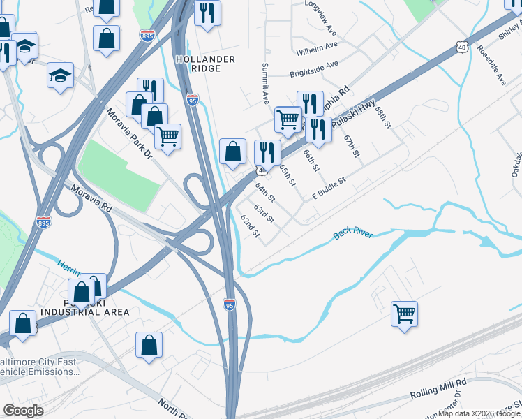map of restaurants, bars, coffee shops, grocery stores, and more near 1217 63rd Street in Rosedale