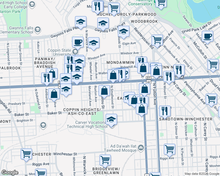 map of restaurants, bars, coffee shops, grocery stores, and more near 1812 North Smallwood Street in Baltimore