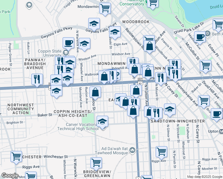 map of restaurants, bars, coffee shops, grocery stores, and more near 1810 North Pulaski Street in Baltimore